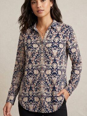 Velvet by Graham & Spencer Navy Cream Long Sleeve Button Down Shirt Top Size‎ XS